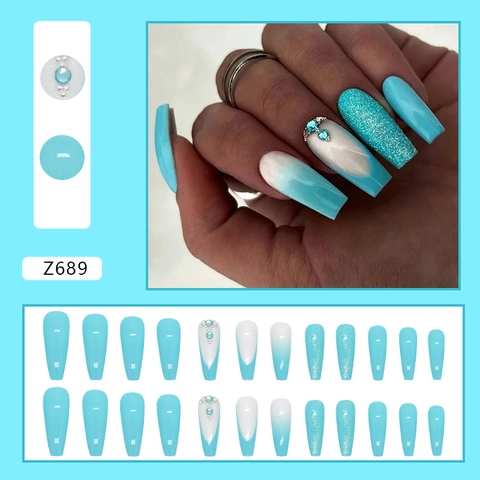Faux Ongles Longs Cercueil À Presser Bleu Turquoise Blanc Dégradé Strass Paillettes Ballerine Pour Femmes