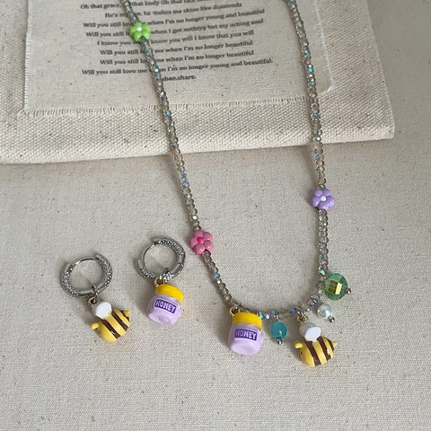 Collar Y Pendientes Abeja Tarro Miel Perla Cristal Colorida Colgante Flor Poste Argento Joyería Moda Para Mujeres