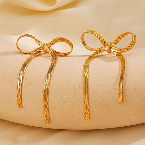 Bow Drop Earrings 18K Gold Plated Stainless Steel Long Snake Chain Tassel Trendy Elegant For Women Jewelry