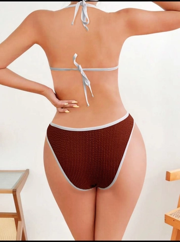 Halter Triangle Top And High Cut Bottom Bikini Textured Contrast Trim Sexy Summer Beachwear Women Solid Color