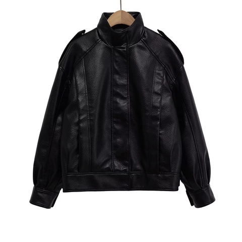 Giacca In Ecopelle PU Donna Chic Collo Alto Biker Moto Cappotto Spalline Cerniera Streetwear Trama Granata Vintage