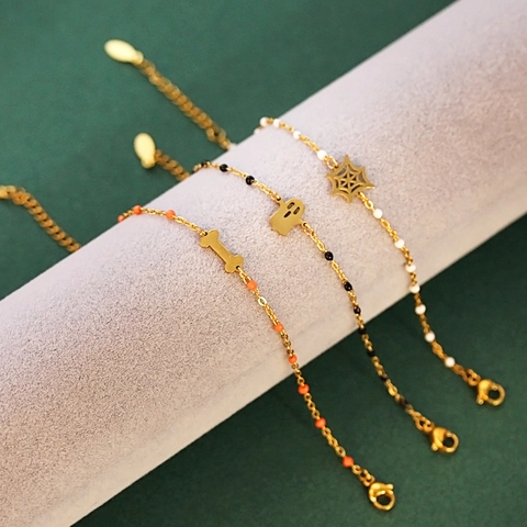 Halloween Stainless Steel Bracelet Creative Ghost Bat Bone Spider Web Charm Gold Plated Rice Beads Jewelry For Women