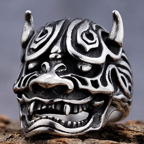 Vintage Hannya Masker Ring Roestvrij Staal Japanse Demon Geest Gotische Punk Biker Retro Sieraden Voor Heren