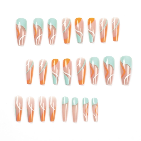 Uñas Postizas Largas Coffin Bloque De Color Naranja Azul Blanco Líneas Onduladas Puntas De Uñas Para Mujeres