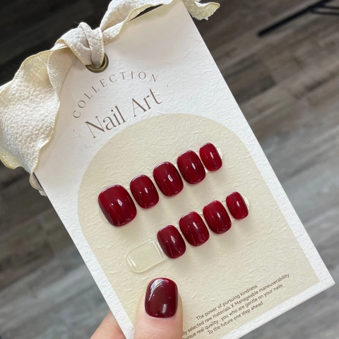 Uñas Postizas Color Borgoña Brillantes Rojo Cereza Oscuro Hechas A Mano Cuadradas Ovaladas Estilo Simple Elegante