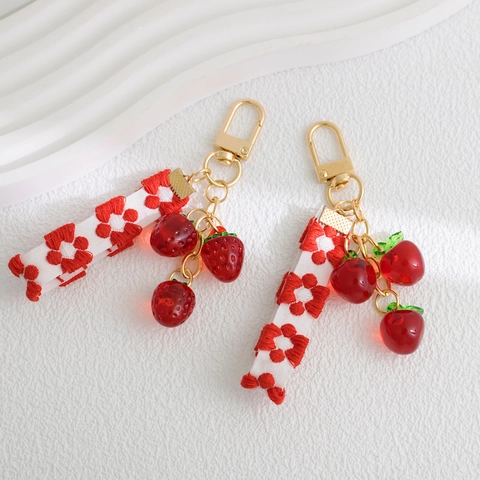Fruit Keychain Gold Metal Bag Charm With Strawberry Pendant And Flower Embroidered Ribbon Sweet Accessory For Women
