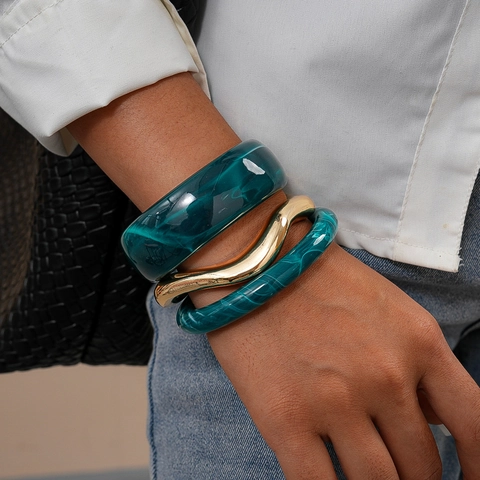 Acrylic Marble Texture Open Bangle Bracelet Dark Green Geometric Retro Minimalist Jewelry For Women