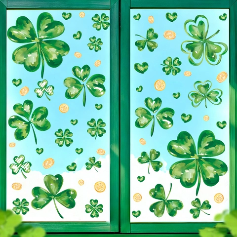 St Patricks Day Window Stickers PVC Shamrock Four Leaf Clover Gold Coins Decals For Glass Wall Decor Irish Holiday Party