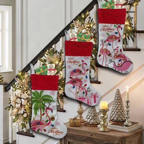 Christmas Stocking Flamingo Tropical Palm Tree Print Polyester Fabric Hanging Xmas Gift Bag Decorative Socks Novelty