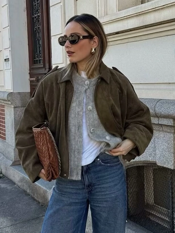 Women's Casual Suede Bomber Jacket Solid Color Turn Down Collar Long Sleeve Zip Up Outerwear Fashion Streetwear Coat