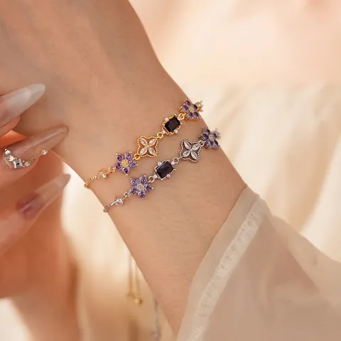 Purple Zircon Flower Bracelet Copper Rectangular Gemstone Adjustable Slider Buckle Elegant Jewelry For Women