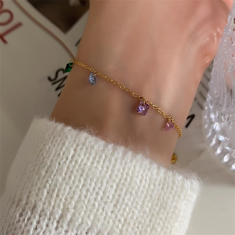 Titanium Steel Rainbow Rhinestone Bracelet For Women 18K Gold Plated Colorful Geometric Heart Waterdrop Pendant Jewelry