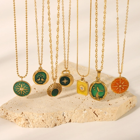 Collana Con Ciondolo In Smalto Vintage Placcato Oro 18K Acciaio Inossidabile Gioielli Sole Stella Per Donna