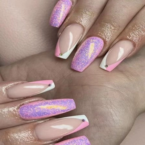 Französisch V-Shape Press On Nägel Ballerina Coffin Falsche Nägel Glitter Farbverlauf Pink Lila Strass Maniküre