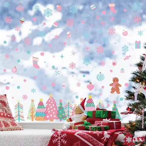Christmas Window Stickers PVC Static Cling Snowflake Tree Gingerbread Man Glass Holiday Cartoon Watercolor Style
