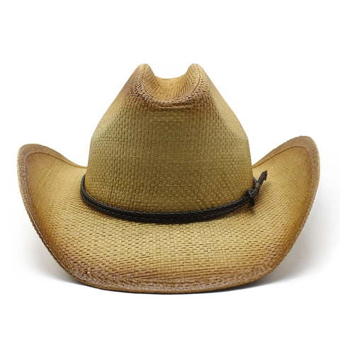 Vintage Western Cowboy Straw Hat Wide Brim Sun Protection Breathable Woven Paper Fedora For Beach Vacation Travel Unisex