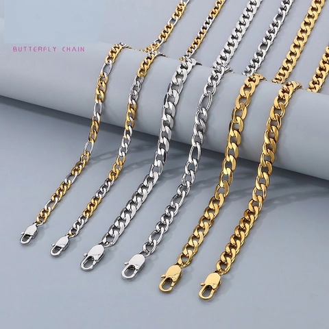 Stainless Steel Figaro Chain Necklace For Men Hip Hop Fashion Cuban Link Jewelry Gold Silver Color Punk Style