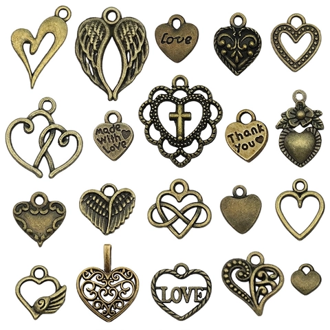 Vintage Zinc Alloy Heart Pendants Mixed Antique Bronze Love Angel Wings Charms For DIY Necklace Bracelet Jewelry Making Accessories