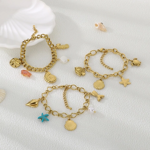 Bracciale Con Ciondoli Tema Oceano Stella Marina Conchiglia Tartaruga Acciaio Inossidabile Placcato Oro 18K Gioielli Da Spiaggia Per Donne