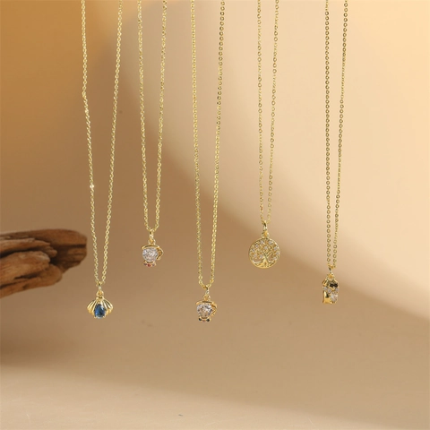 Minimalist Copper Zirconia Pendant Necklace For Women Gold Plated Tree Of Life Shell Teacup Cat Small Clavicle Chain Jewelry