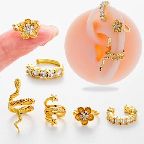 Orecchini Clip Rame Zircone Intarsiato Serpente Fiore Stella Senza Buco Cartilagine Gioielli Vintage Donna