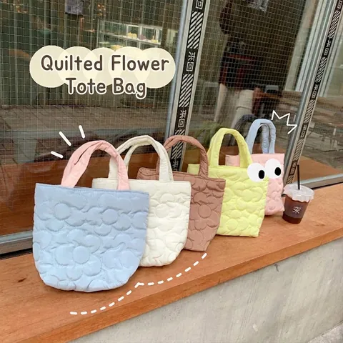 Bolso De Mano Acolchado Con Flores Para Mujer Poliéster Puffy Cloud Tote Bag Relleno Suave Casual Diario