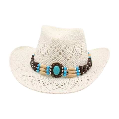 Chapeau De Cowboy En Paille Western Avec Bande De Perles Turquoise Respirant Ethnique Bohème Plage Solaire
