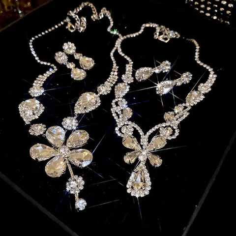 Parure Collana E Orecchini Fiore Goccia Acqua Tono Argento Rame Strass Elegante Moda Festa Sposa Accessori