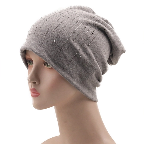Damen Slouch Beanie Mütze Mit Strasssteinen Baumwollmischung Strickmütze Warm Winter Mode Weich