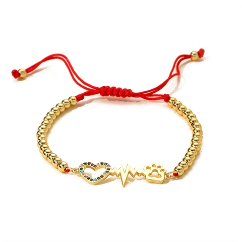 Bracciale Cuore Zirconia Colorata Con Ciondolo ECG E Impronta Di Zampa Corda Intrecciata Rossa Perle Di Rame Regolabili Gioielli