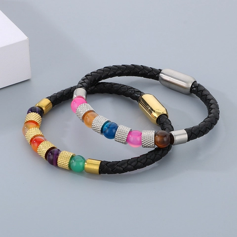 Braided Leather Bracelet With Multicolored Quartz Stone Beads And Stainless Steel Magnetic Buckle Trendy Unisex Jewelry