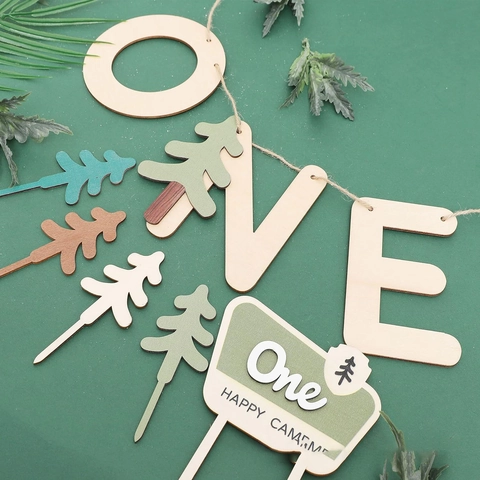 Wooden Happy Camper Cake Topper And Banner Forest Theme First Birthday Party Decoration Wooden Bunting Rustic Decor