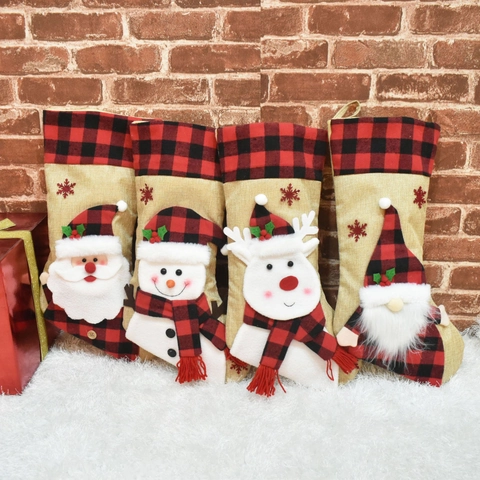 Large Burlap Christmas Stockings Buffalo Plaid Cartoon Applique Santa Snowman Reindeer Hanging Gift Bag Decor
