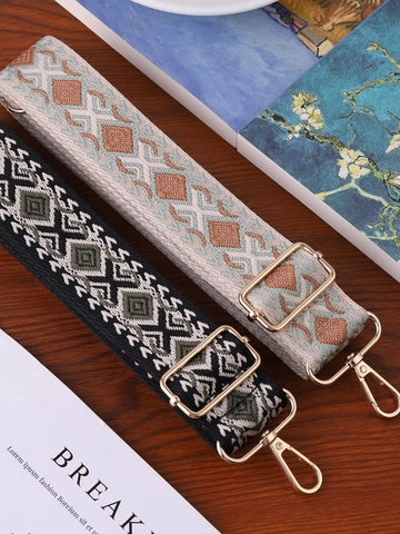 Wide Replacement Bag Strap Adjustable Bohemian Ethnic Geometric Jacquard Polyester Shoulder Crossbody Belt For Women Gold Buckle