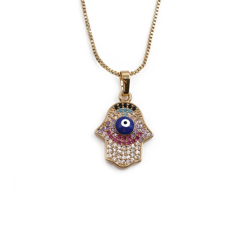 Hamsa Hand Böser Blick Anhänger Halskette Kupfer Vergoldet Bunter Zirkon Box Kette Schmuck Für Damen