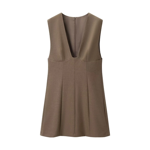 Women Sleeveless Deep V Neck Mini Dress Woven Polyester Blend Back Zipper A-Line Solid Camel Elegant Party Short Dress