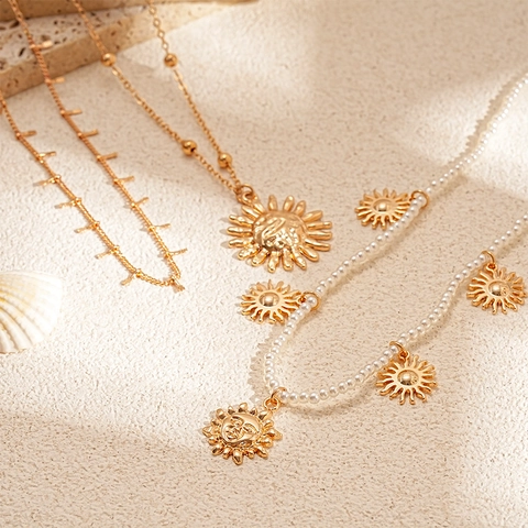 Collier Multicouche En Alliage Künstliche Perles D'imitation Pendentif Soleil Style Bohème Vintage Bijoux Pour Femmes