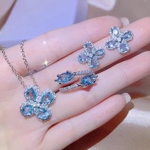 Four-Leaf Clover Necklace Stud Earrings Open Ring Blue Aquamarine Gemstone Jewelry For Women