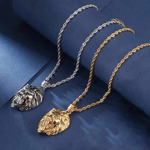 Lion Head Pendant Necklace Stainless Steel Hip Hop Iced Out Rhinestone Animal Jewelry For Men Streetwear