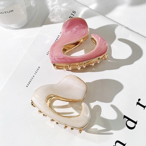 Heart Shaped Metal Hair Claw Clip Irregular Wave Drip Oil Resin Glossy Finish French Style Shark Clip For Women
