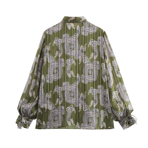 Damen Vintage Paisley Print Bluse Metallfaden Laternenärmel Bindemanschette Grün Leichte Lockere Oberteil