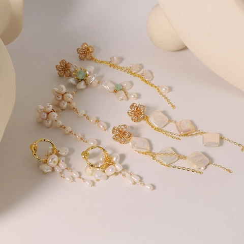 Vintage Vergoldetes Kupfer Asymmetrisch Natürliche Süßwasser Barockperle Blume Quaste Ohrringe Für Hochzeit Party Damen Schmuck