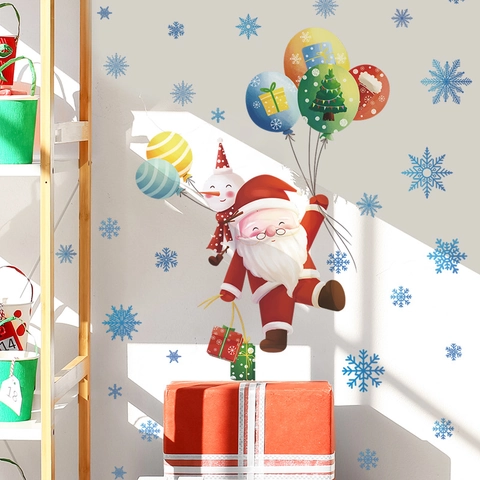 Weihnachts Wandtattoo Weihnachtsmann Heißluftballon Schneeflocken PVC Abnehmbare Fensteraufkleber Wohndekoration Cartoon