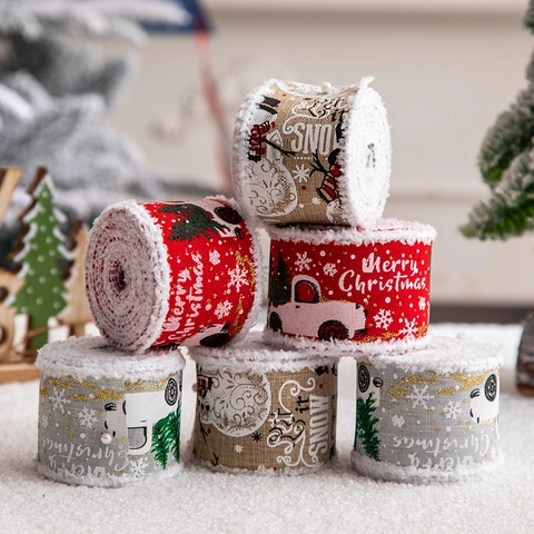 Christmas Ribbon Rolls Faux Burlap Plush Edge Snowman Red Truck Print Gift Wrapping Holiday Tree Decor Rustic Craft