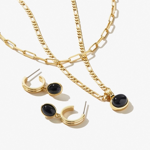 Collana Bracciale E Orecchini Catena Figaro In Acciaio Al Titanio Con Ciondolo In Pietra Naturale Nera Rame Moda