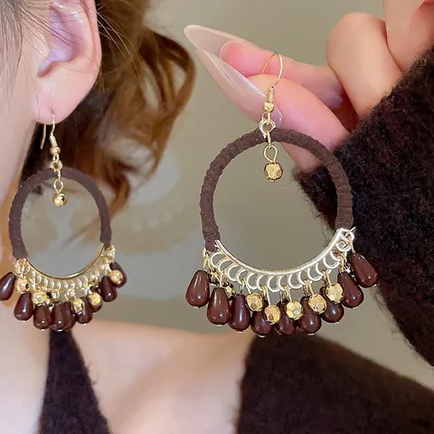 Bohemian Drop Earrings Copper Woven Cotton Cord Geometric Circle Glass Teardrop Beads Vintage Ethnic Jewelry Women
