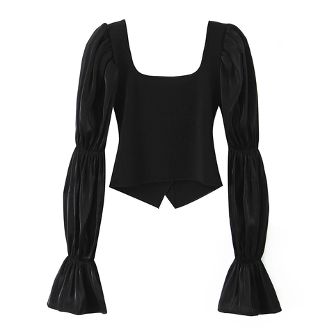 Eckiger Ausschnitt Langarm T-Shirt Elegant Satin Puffärmel Slim Fit Matt Körper Goldene Rosenknöpfe Damen