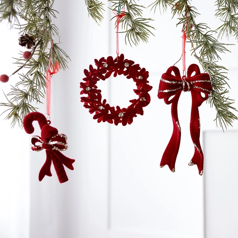 Christmas Ornaments Red Flocked Velvet Hanging Decoration Tree Garland Glitter Bow Deer Snowflake Candy Cane