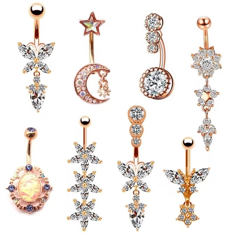 Rose Gold Stainless Steel Butterfly Star Moon Belly Rings For Women Fashion Rhinestone Inlaid Navel Piercing Jewelry Gift
