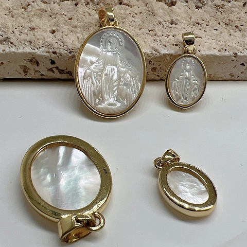 Religious Virgin Mary Pendant Mother Of Artificial Pearl Shell Oval Relief Copper 18K Gold Plated Christian Jewelry For Women